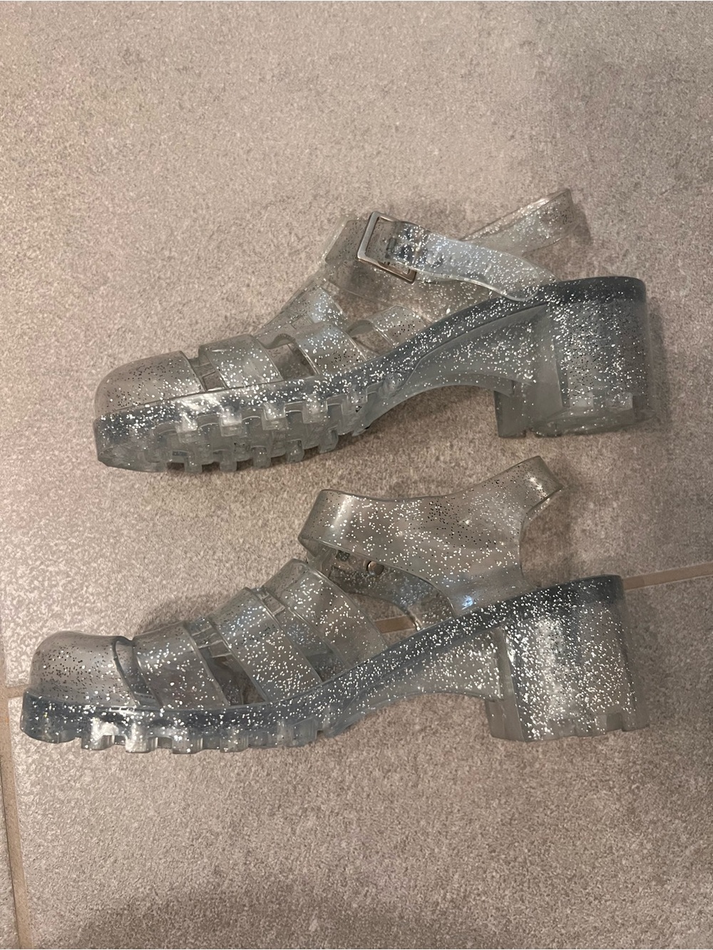 Clear Silver Glitter Jelly Heeled Sandals - Y2K Platform Chunky Sparkle Sandals - Picture 2 of 16
